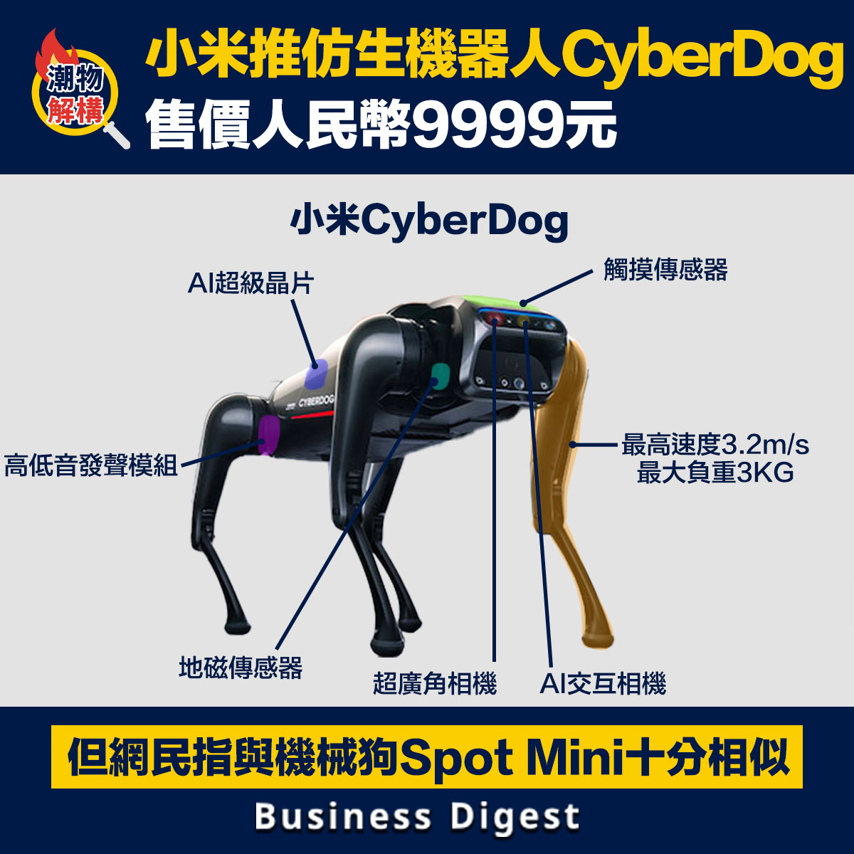 小米推出仿生機器人CyberDog，售價人民幣9999元