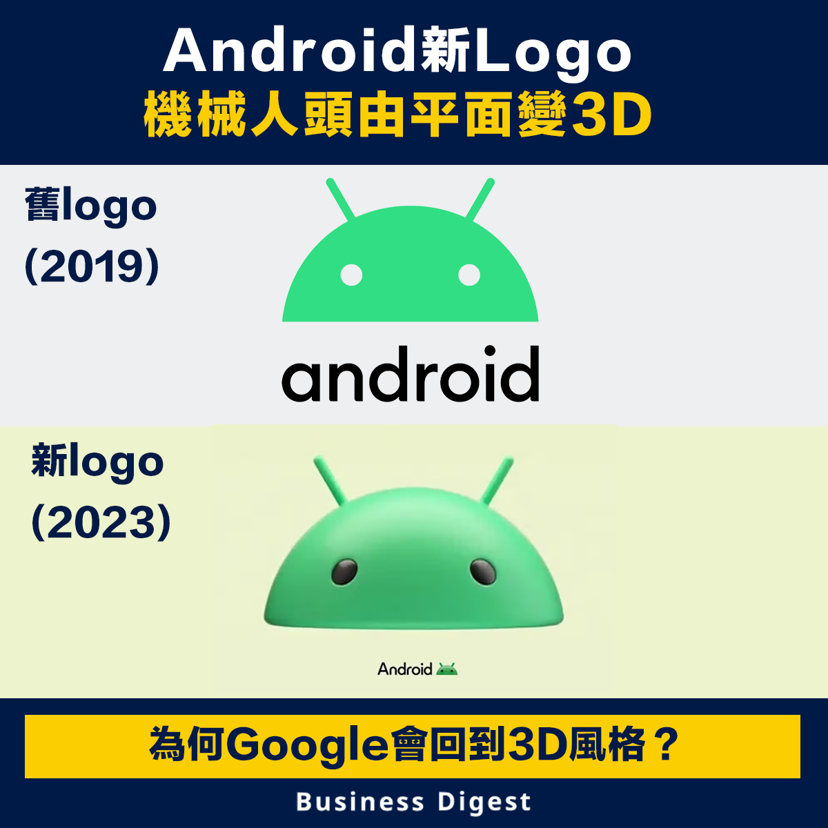 Android新Logo，機械人頭平面變3D